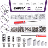 Swpeet 121Pcs Adjustable Wire Rope Clips Clamp And Aluminum Crimping Loop Sleeve With Screwdriver Assortment Kit, Wire Rope Grip