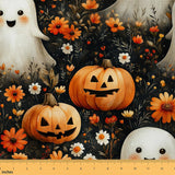 Cute Ghosts Fabric by The Yard,Happy Halloween Upholstery Fabric,Rustic Style Pumpkin Flowers Decorative Cloth for Sofa,Black Or