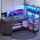 SEDETA L Shaped Gaming Desk, 47.2 Reversible Small Computer Desk with 5 Drawers and Storage Shelves, Corner Gaming Desk with LE