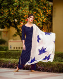 Anni Designer Women'S Rayon Straight Raspberry Handpainted Kurta With Palazzos & Dupatta (Rayon Sty Blue_L_Blue_Large),Blue,L,Rayon,Straight,