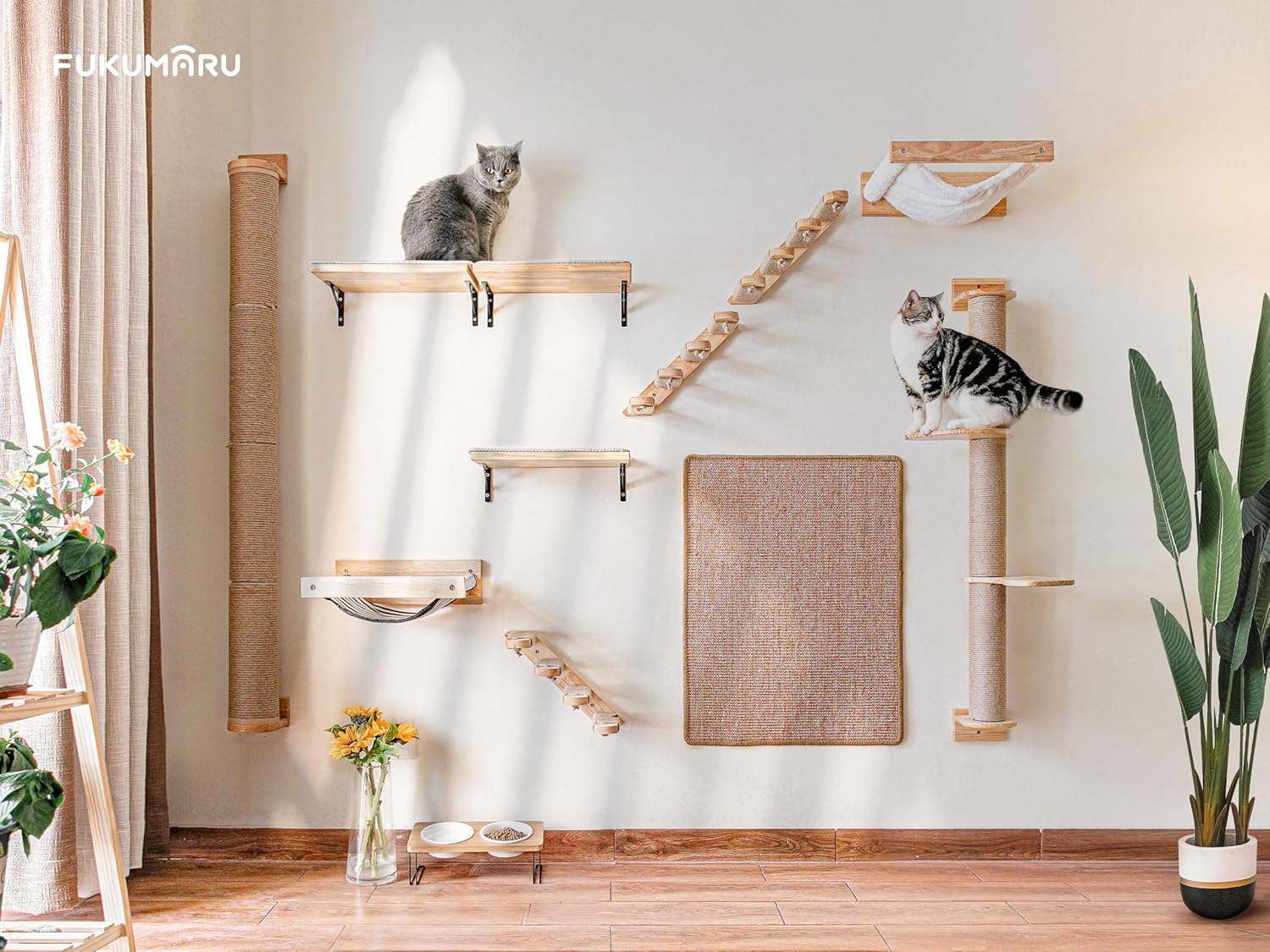 FUKUMARU Cat Scratching Post, 35 x 4.5 Inch Cats Walls Furniture, Rubber Wood Wall Mounted Kitten Scratcher Posts, Thicker Columns for Multi-Functions
