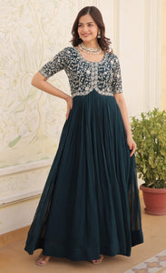 Fashion Basket Georgette Embroidered Anarkali Gown For Women Turquoise Turquoise L