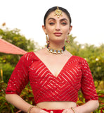 Pujia Mills Womens Fancy Readymade Half Sleeve Sequins Saree Blouse (Red, 36)