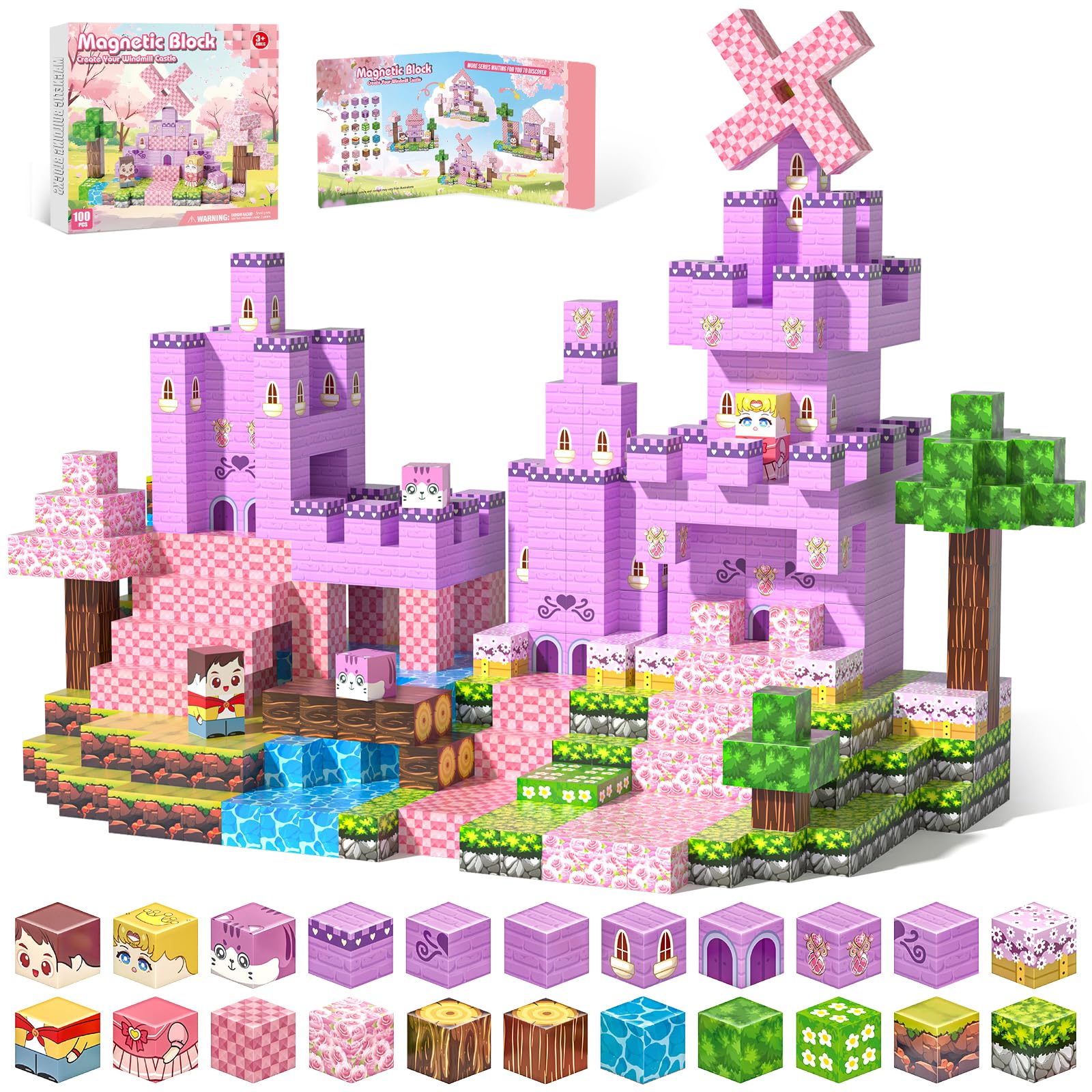 Gryxpox Magnetic Blocks, Magnetic Building Blocks 100Pcs, Stem Sensory Toys With Princess Castle Build-Creative Magnet Tiles For Toddlers Ages 3+, Boys & Girls-Christmas Birthday Party Kids Gifts