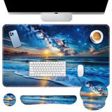 Britimes Blue Sea and Starry Sky Keyboard Mouse Pad Set 4in1 Large Mousepad+Keyboard Wrist Rest+Mouse Wrist Rest+Coaster Set wit