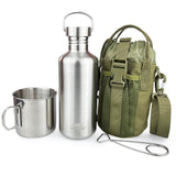 Pubgeer Canteen 42oz Single Wall Water Bottle with 24oz Nested Camping Cup and Carrier Bag, Stainless Steel, Bushcraft Gear, Wid