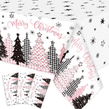 Ganeen 3 Pcs Christmas Tablecloths Disposable Plastic Christmas Trees Table Cloths Waterproof Rectangle Buffalo Plaid Pink Table