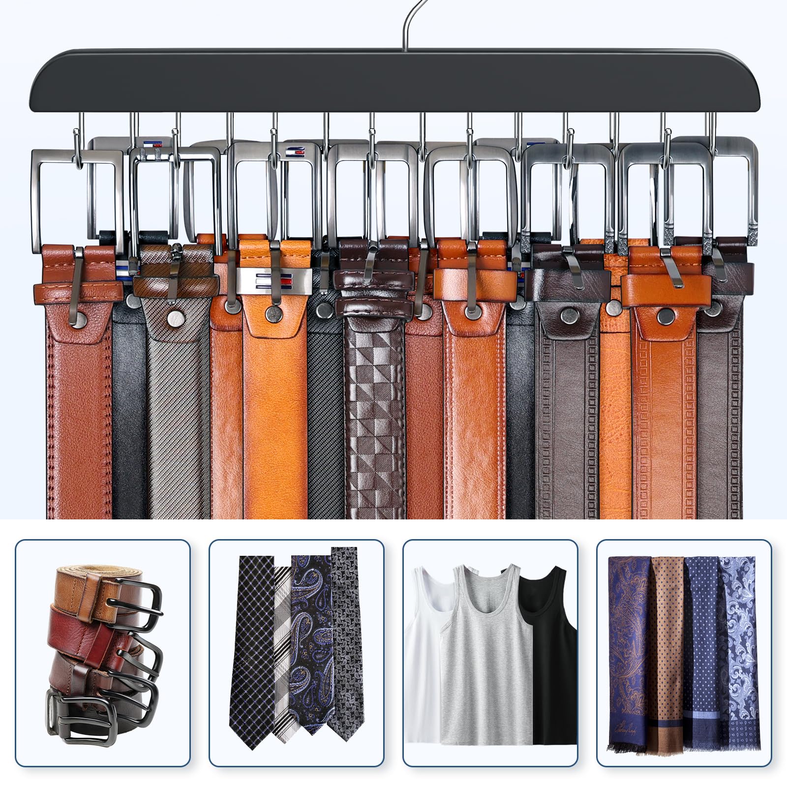Resovo Belt Hanger for Closet Max 42 Belts, Sturdy Wood Belt Rack Closet Accessories with 14 Hooks Belt Organizer for Closet Org