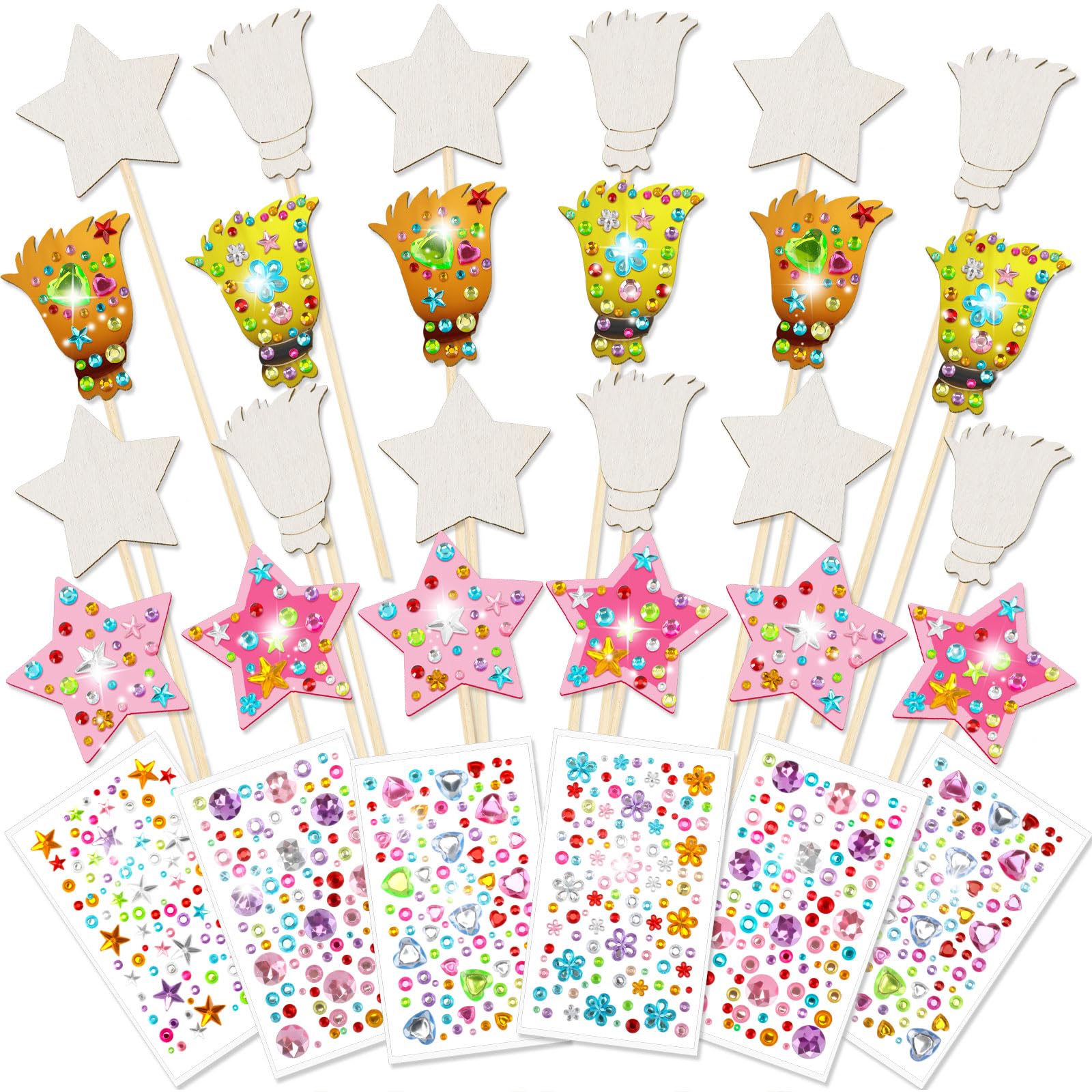Juexica 24 Pcs Fairy Wands Kit Including 12 Unfinished Wood Star Wands, 12 Broom Sticks and 6 Sheets Gem Stickers for Witch and 
