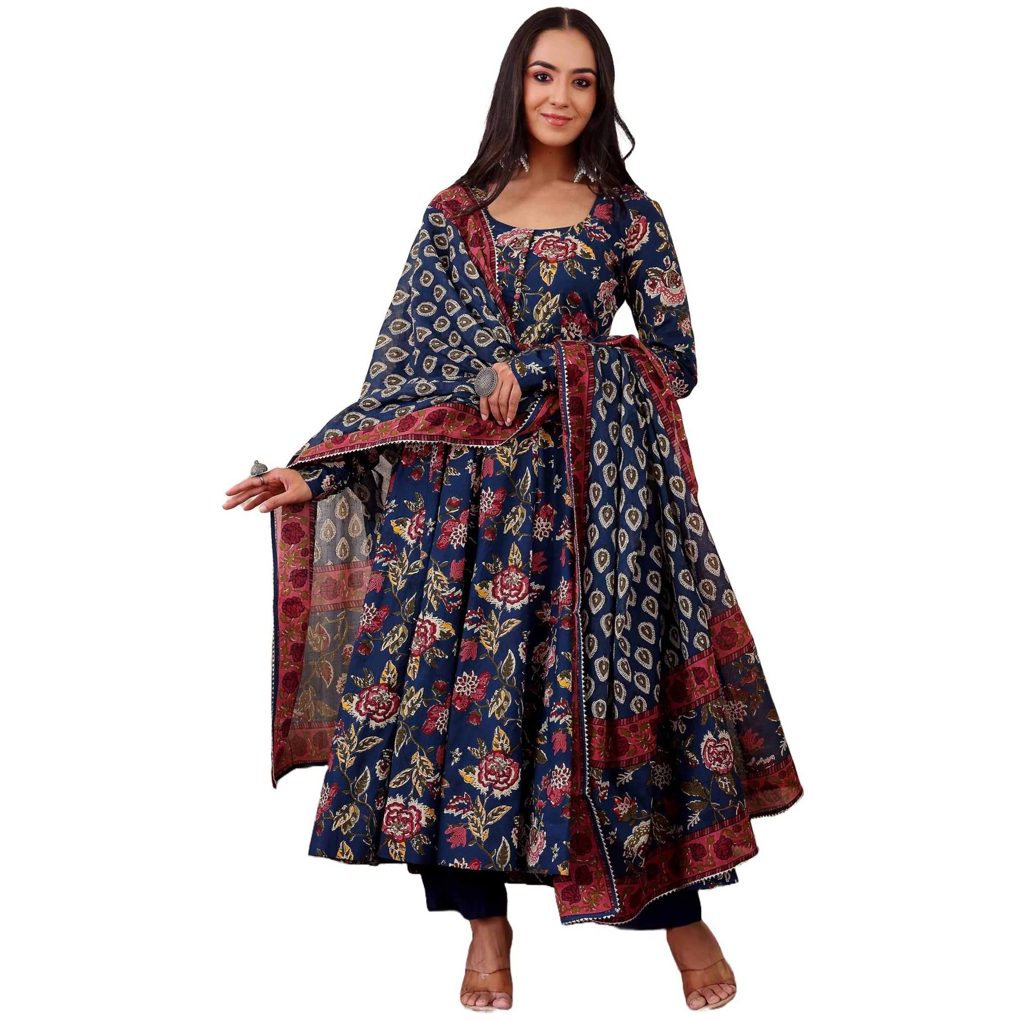 Anni Designer Women'S Rayon Viscose Anarkali Printed Kurta With Pant & Dupatta (Minari Blue_Xl_Blue_X-Large),Blue,XL,,,