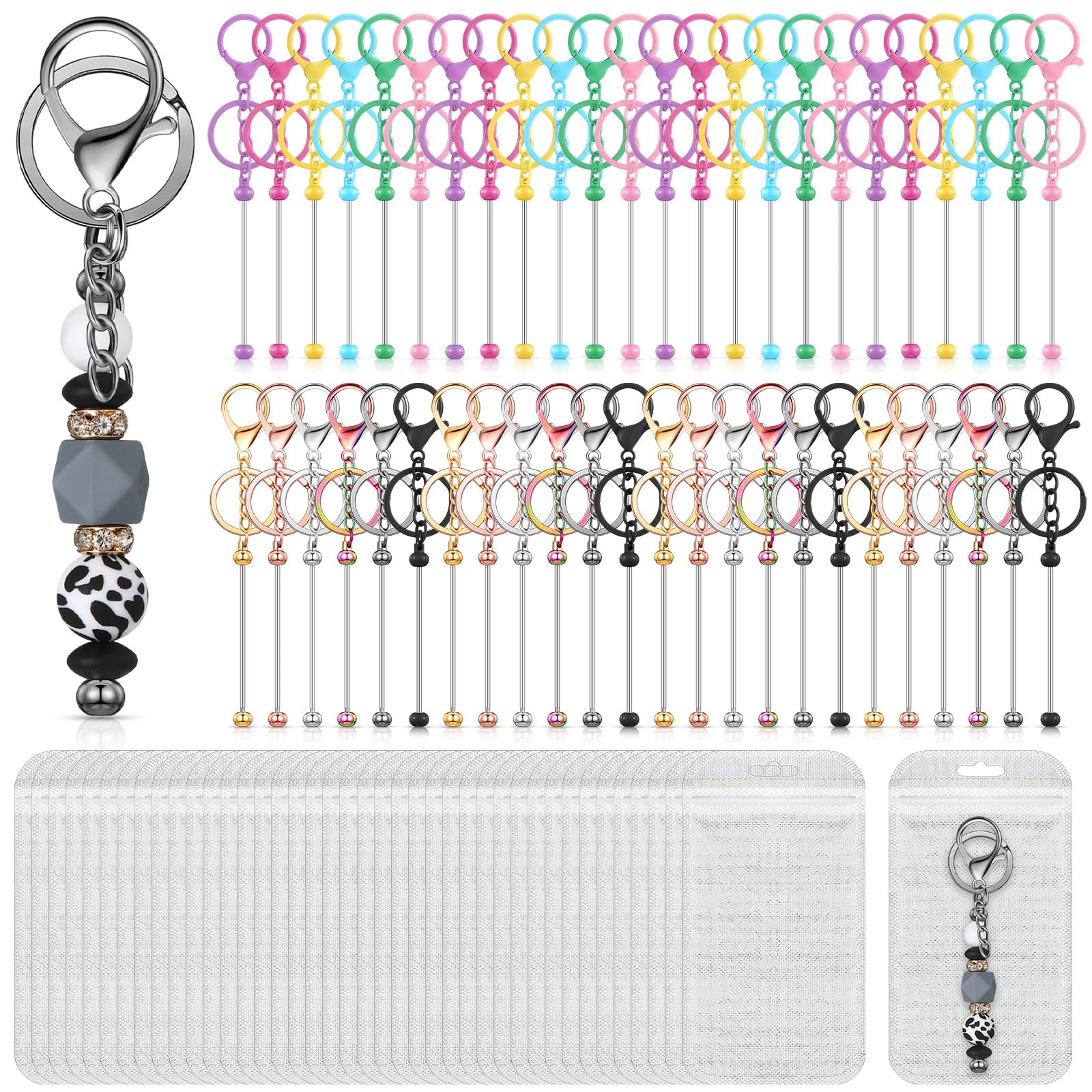 Tondiamo 96 Pcs Beadable Keychain Bars Bulk for Beads Blank Keychain Metal Beaded, DIY Keychains Making Supplies for Women Man C