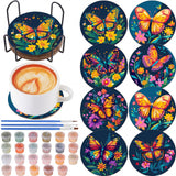 Reallnaive 8 Pcs Butterfly Flowers Paint by Numbers Kit for Adults Cute Coasters with Holder Mini Paint by Numbers Kits Round Oi