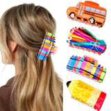 KICOSY 4 Pack Teacher Hair Clips Set: Pencil, Crayon, Colored Pencil, School Bus Pattern, Cute for Teachers, Students - Back to 