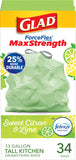 Glad ForceFlex MaxStrength Tall Kitchen Drawstring Trash Bags, 13 Gallon, Sweet Citron Lime with Febreze Freshness, 34 Count, Pa