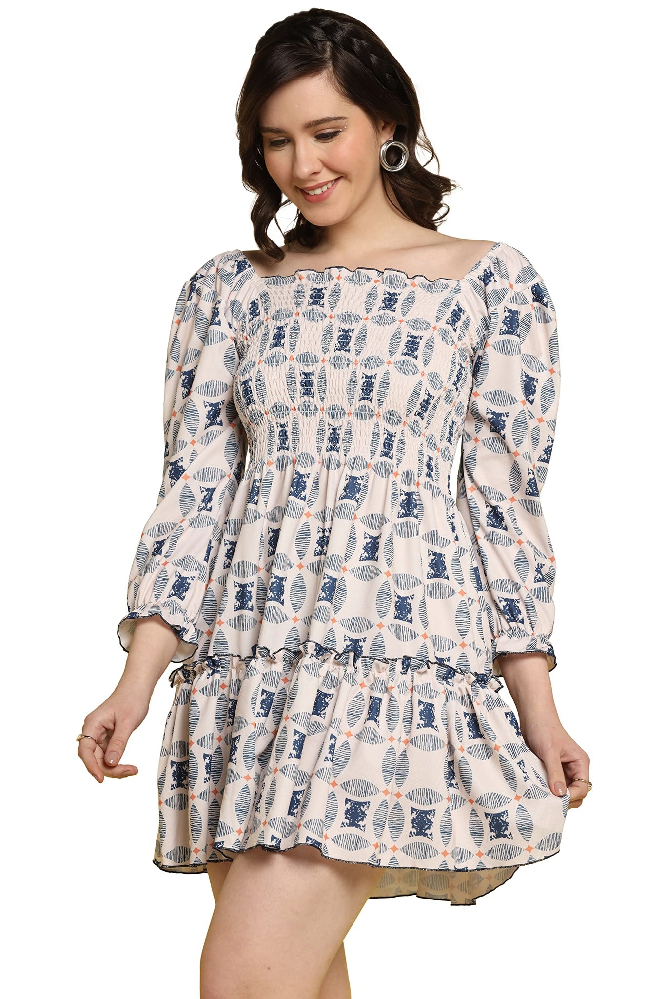 Toplot Dresses For Women Floral Print With 3/4 Sleeve (Midi-5067-Cream-L),Cream,,B0BS3HGWJT