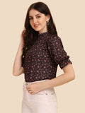 Wedani Women'S Casual Puff Sleeves Ruffled Collor Foral Top (Medium Black-4),Black-4,M,Rayon,Regular,