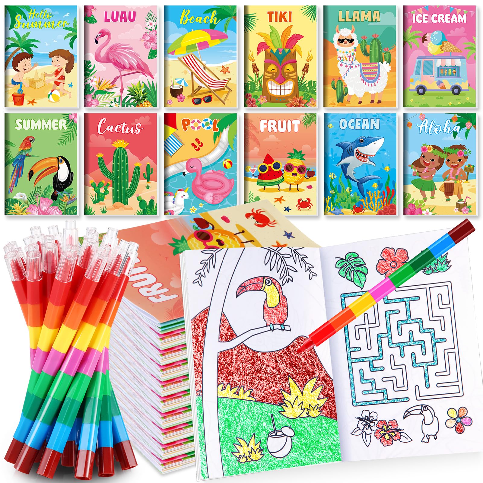 BenLouis 12 Summer Mini Coloring Books Kids with 12 Stacking Crayons Pool Beach Party Favors Small Activity Books Bulk for Kids 