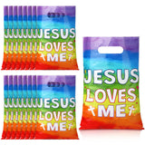 Hosuly 100 Pcs Jesus Loves Me Gift Bags VBS Religious Christian Plastic Goody Bags with Handles Sunday School Cross Candy Treat 