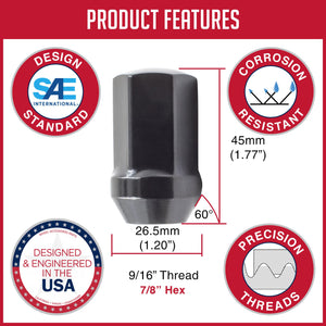 Wheel Accessories Parts 20 Pcs 9/16-18 OEM Style Lug Nuts 0603-6433AA |611-204 | 1.66 Long Black 7/8 Hex Fits 2009-10 Dodg