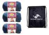Lion Brand Knitting Yarn Scarfie Denim/Navy 3Skein Factory Pack (Same Dye Lot) 826204 Bundle With 1 Artsiga Crafts Project Bag
