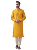 Manyavar Mustard Viscose Full Sleeve Kurta Set | Traditional Kurta Set for Men (M)