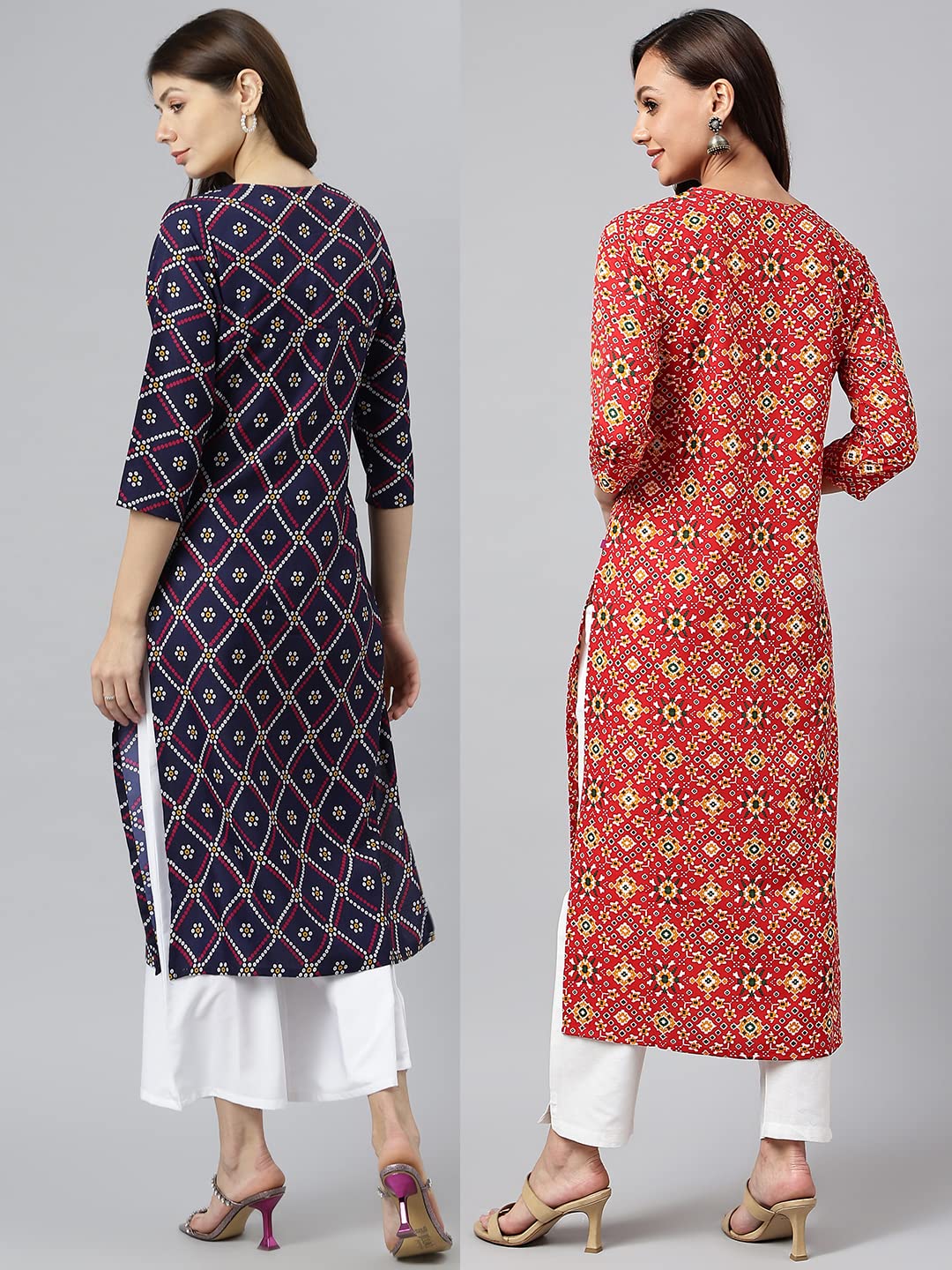 Anni Designer Women'S Crepe Straight Printed Kurta Pack Of 2 (Paga Combo_029_M_Navy Blue & Red_Medium),Navy Blue & Red,M,Crepe,Straight,kurta
