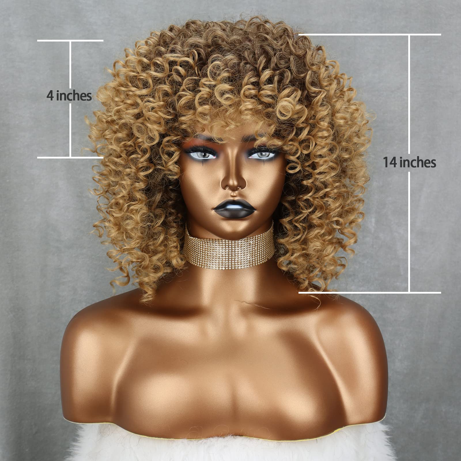 Xinran 14 inch Blonde Curly Wigs 70s, Kinky Brown Mixd Blonde Afro Wigs for Black Women, Synthetic Afro Curly Blonde Wigs for Wo
