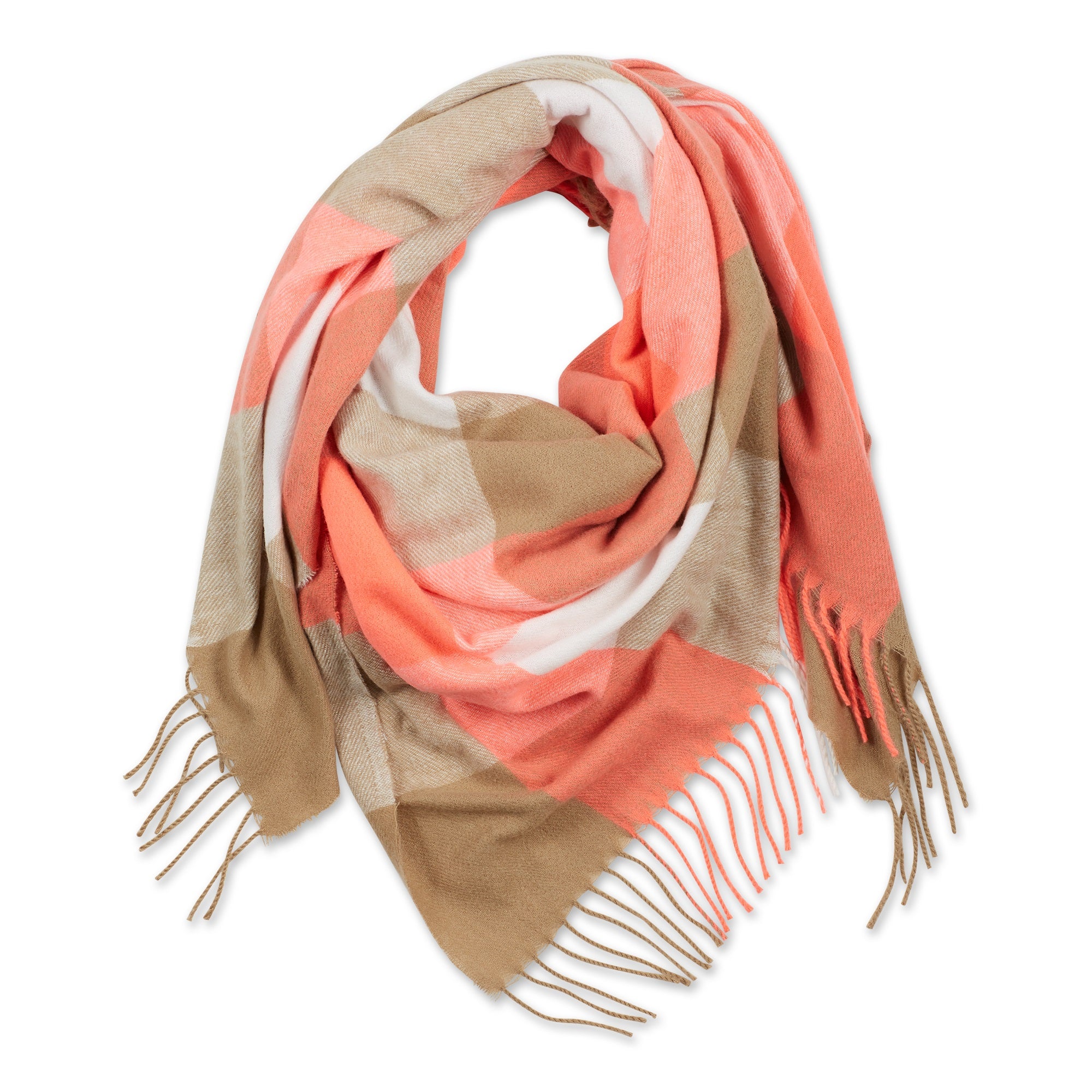 Fringe Plaid Blanket Scarf - Pink & Beige