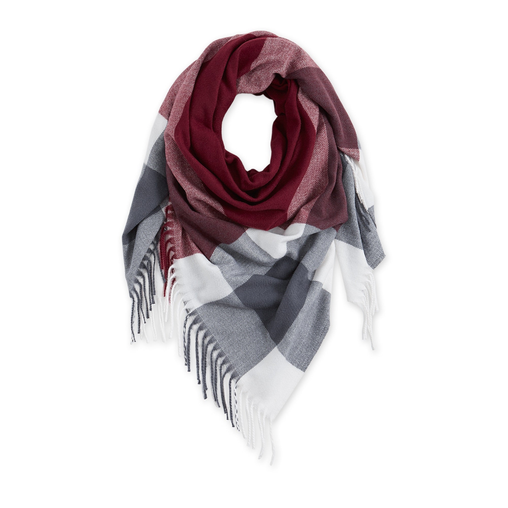 Fringe Plaid Blanket Scarf - Burgundy & Grey