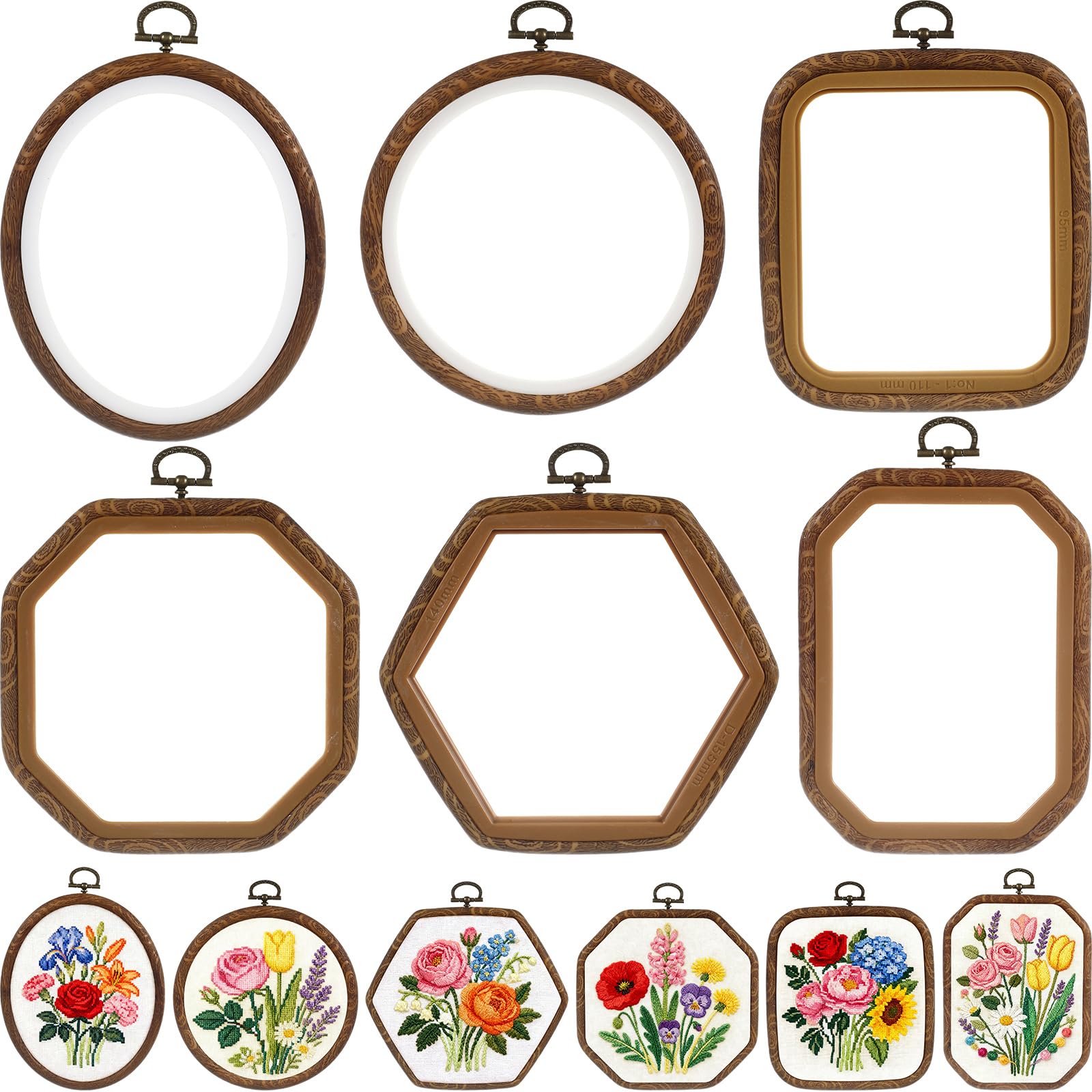 Qunclay 9 Pcs Large Embroidery Hoop Frame Decorative Imitated Wood Display Frame Circle Oval Octagonal Cross Stitch Hoop Ring fo