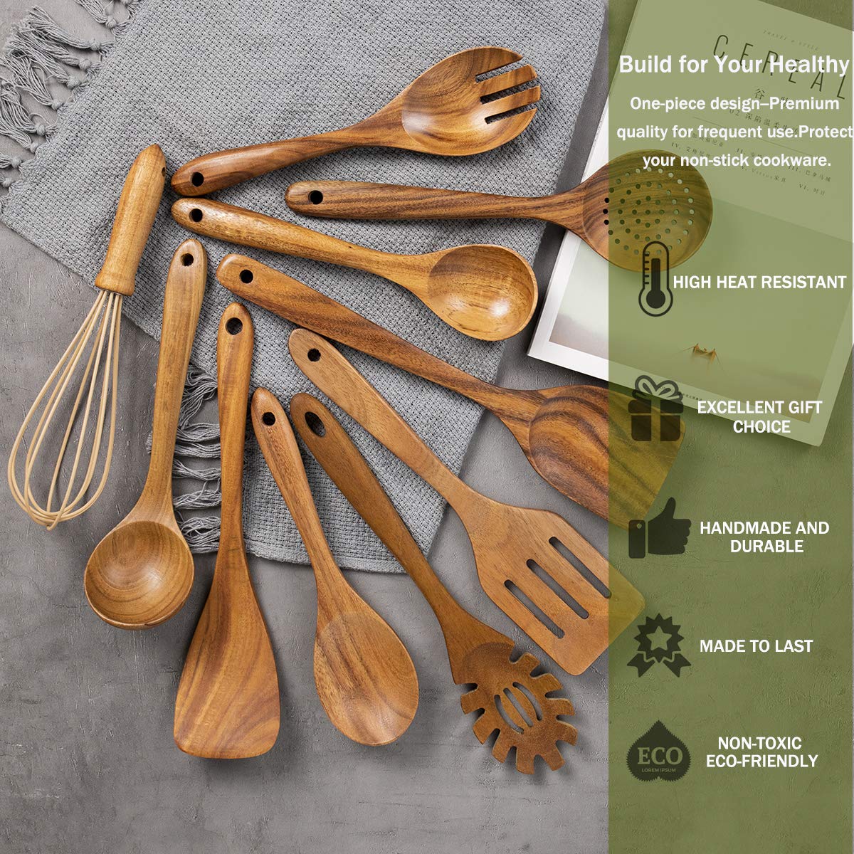 10 Pack Wooden Spoons for Cooking, Teak Wood Kitchen Utensils Set for Non Stick Use, Spatula Set for Stirring, Baking, Non Stick