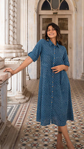 Gosriki Women'S Rayon Printed Hand Block Shirt Dress (Genius-Blue-Dress_M-Gs_Blue_Medium),Blue,,B0BRL417D6