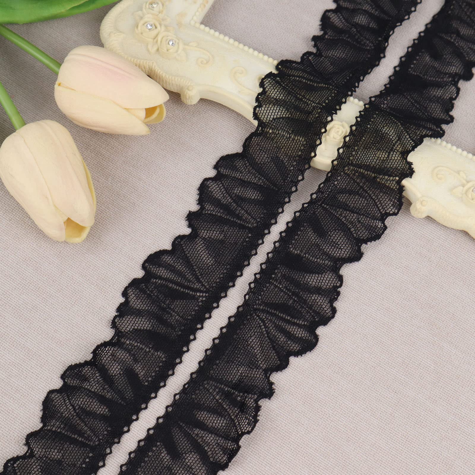 ZNZAKKA Stretch Lace Trim, 15 Yards Black Elastic Lace Ribbon Floral Edge Trim for DIY Crafts, Wedding Decoration, Gift Wrapping