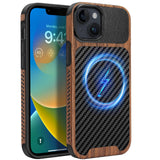 ZZDZZ Magnetic Case Compatible with iPhone 14 Plus Case [Compatible with MagSafe] Wood and Leather Carbon Fiber Design Hybrid Sh