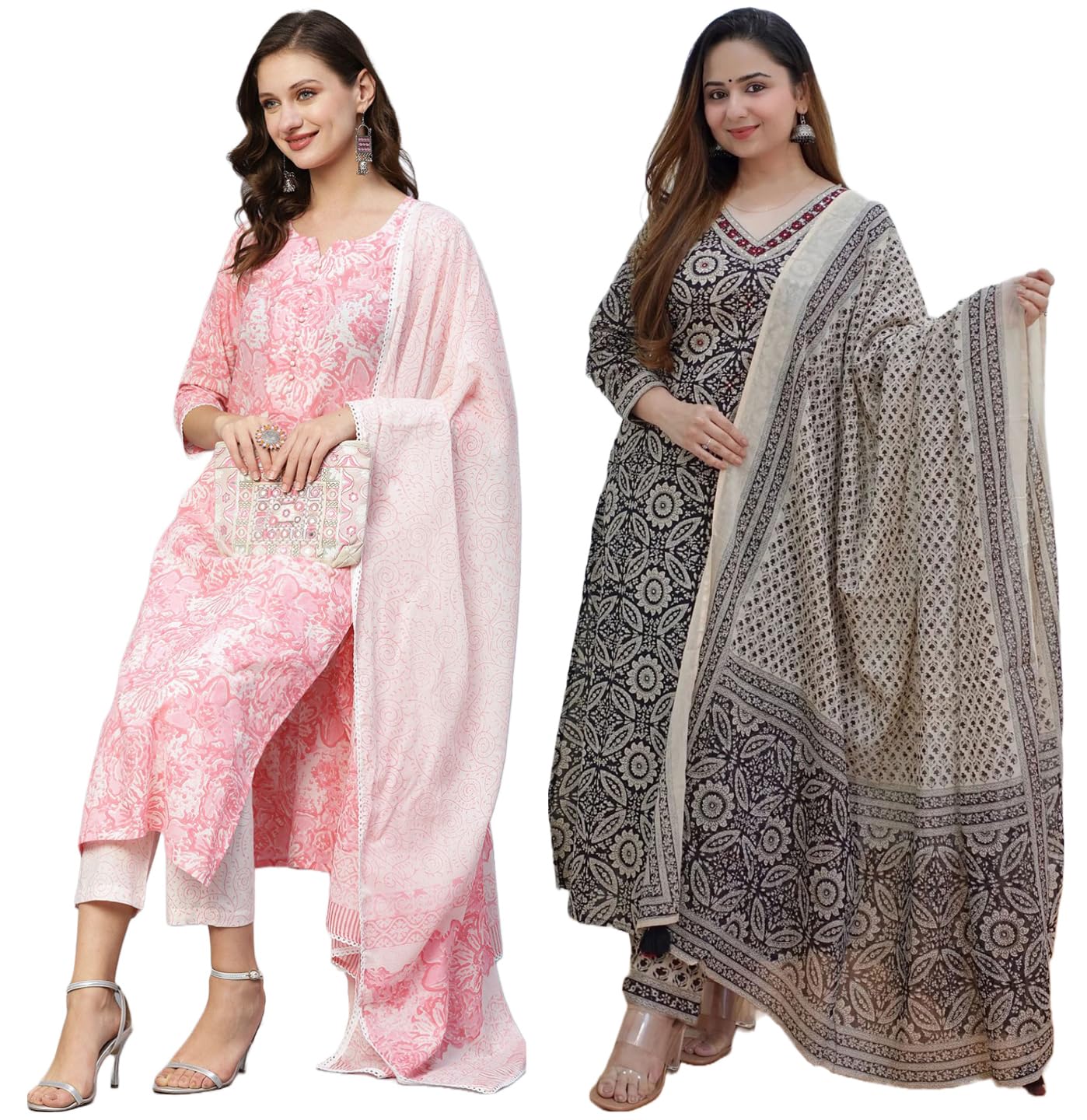 Anni Designer Women'S Cotton Blend Printed Straight Kurta With Pant & Dupatta Pack Of 2 (Combo-Prem Pink-Nihira Cream_Multicolor_Small),Multicolour,S