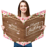 Rustic Giant Birthday Card with Envelope, Extra Large Wooden Floral Happy Birthday Greeting Card for Women, Big Farmhouse Style 