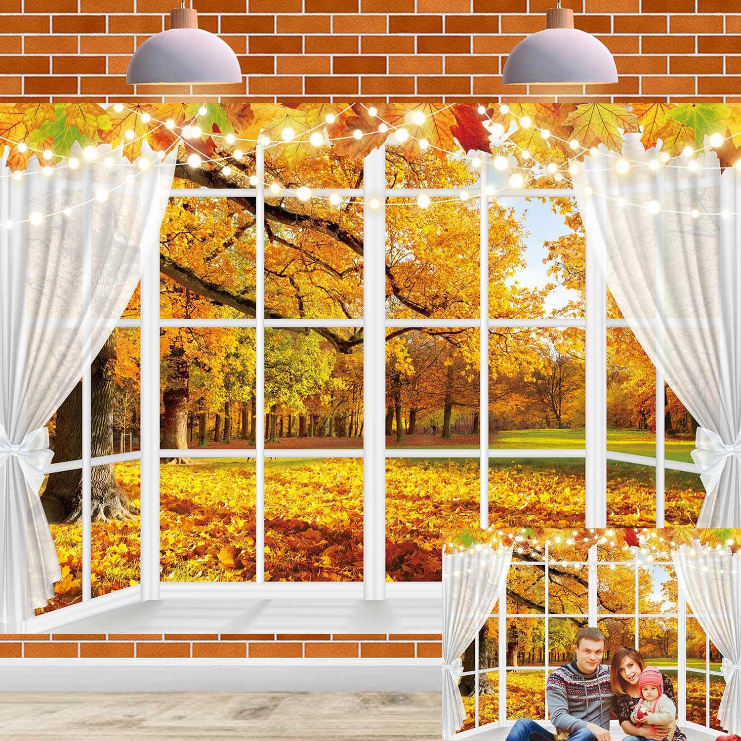 Autumn Window Photography Backdrop 8x6FT White Curtains Fall Forest Scene Background Autumn Thanksgiving Party Decorations Suppl