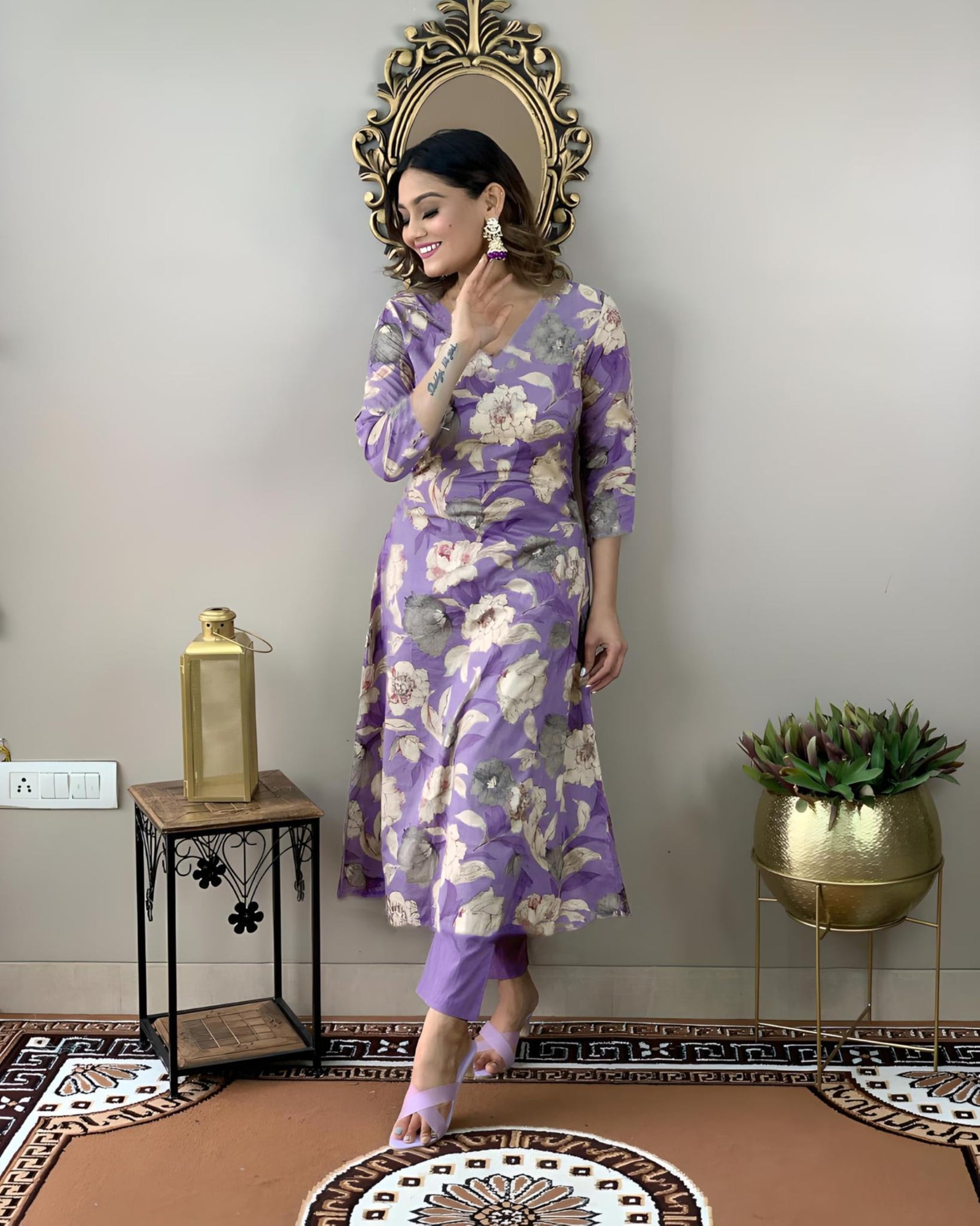 Anni Designer Women'S Cotton Blend Straight Printed Kurta With Pant (Dhun Lavender_L_Lavender_Large),Lavender,L,Rayon Blend,Regular,Kurta