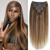 #4/27/4 Yaki Straight Clip in Hair Extensions Real Human Hair Omber Clip ins For Women Yaki Straight Clip on Hair(24inch,T1BP1B/