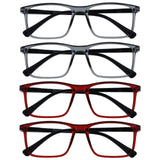 OPULIZE INK Reading Glasses - Value 4 Pack - Large Rectangular Frame - Spring Hinges - Scratch Resistant - Grey Red - Mens Women
