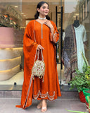 Gosriki Women'S Rayon Viscose Anarkali Embroidered Kurta With Pant & Dupatta (Ranibai Orange-Gs_M_Orange_Medium),Orange,,B0DTK85MM1