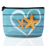 Beach Starfish Cosmetic Bag Coastal Blue Wooden Makeup Bags,Travel Make up Bags for Women Girls Cute Zipper Pouch Toiletry Organ