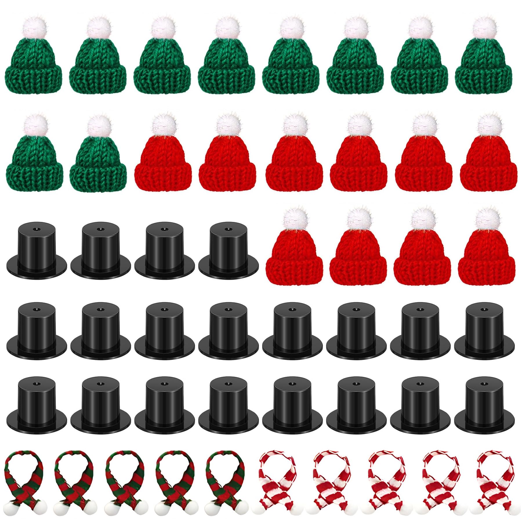 30 Pcs Mini Knit Hats and Christmas Scarves Set with 20 Pcs Black Plastic Miniature Top Caps for Tree Ornaments, DIY Art Crafts,