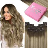 YoungSee Clip on Human Hair Extensions Brown Ombre Clip in Extensions Human Hair Dark Brown Ombre Light Brown with Blonde Remy R
