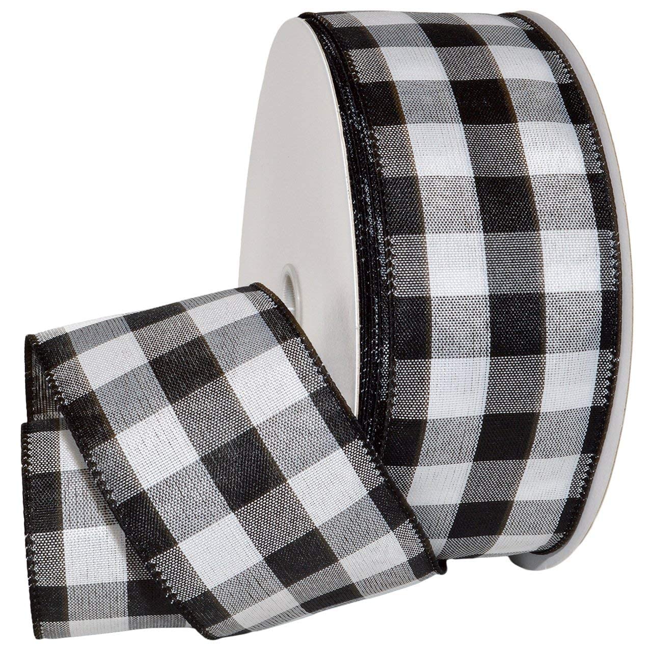 Value Ribbon Cambridge 1.5 x 10 Yards Wired Buffalo Gingham Ribbon - Black and White Plaid for Gift Wrapping, Crafts, and Party 