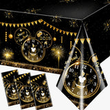 Gumwaqu Mouse Theme New Year Tablecloth Decoration, 2025 Happy New Year Supplies 3pcs Plastic Black and Gold Cartoon Mouse Table