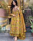 Gosriki Women'S Rayon Blend Anarkali Printed Kurta With Pant & Dupatta (Cia Yellow-Vks01-Gs_M_Yellow_Medium),Yellow,,B0DD766BV9