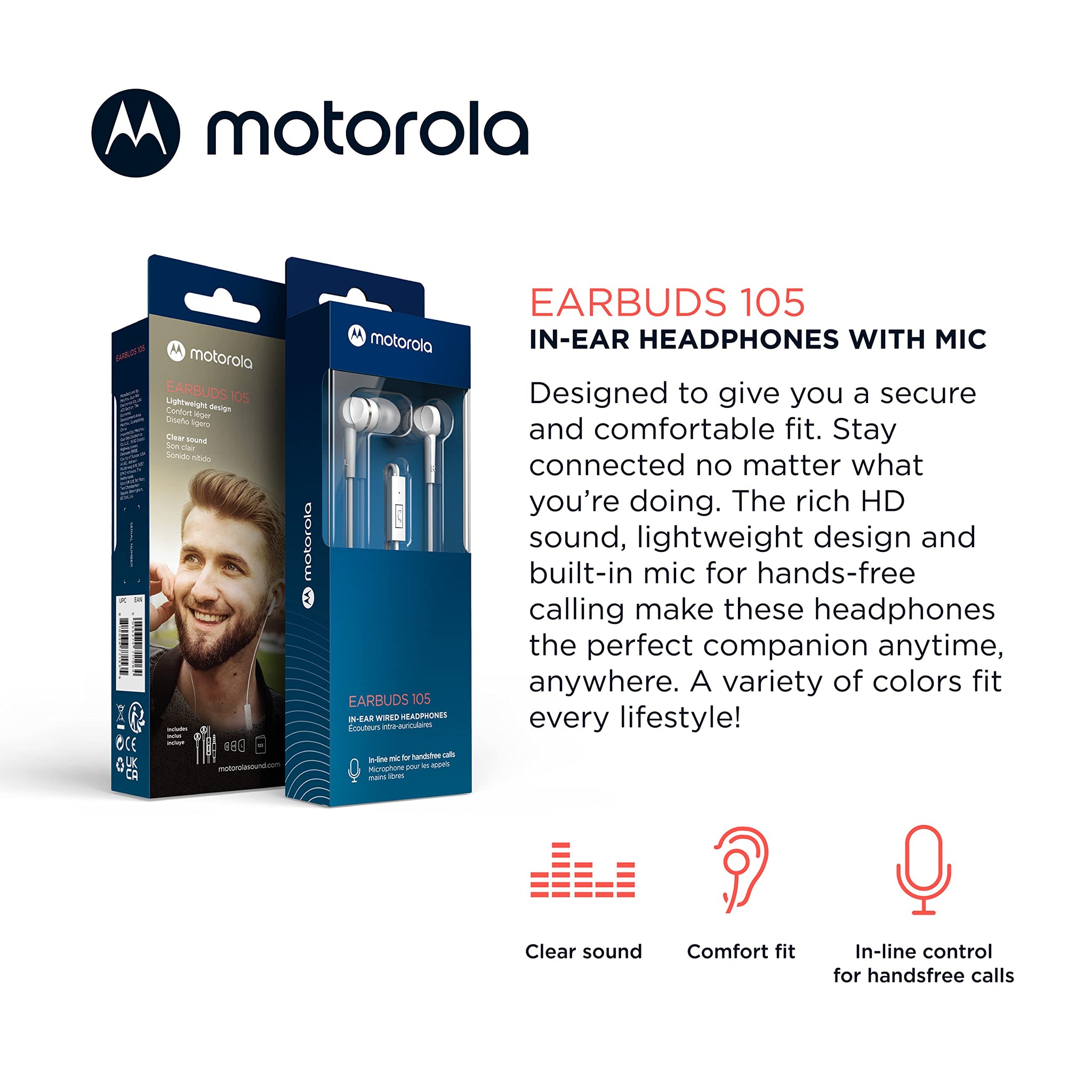 Motorola Wired Earbuds with Microphone - Earbuds 105 Corded in-Ear Headphones, Control Button for Calls/Music, Comfortable Light