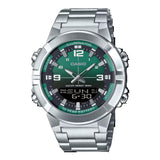 Casio AMW870DA-3AV Mens Stainless Steel Green Dial Analog Digital Dual Time Zone Watch