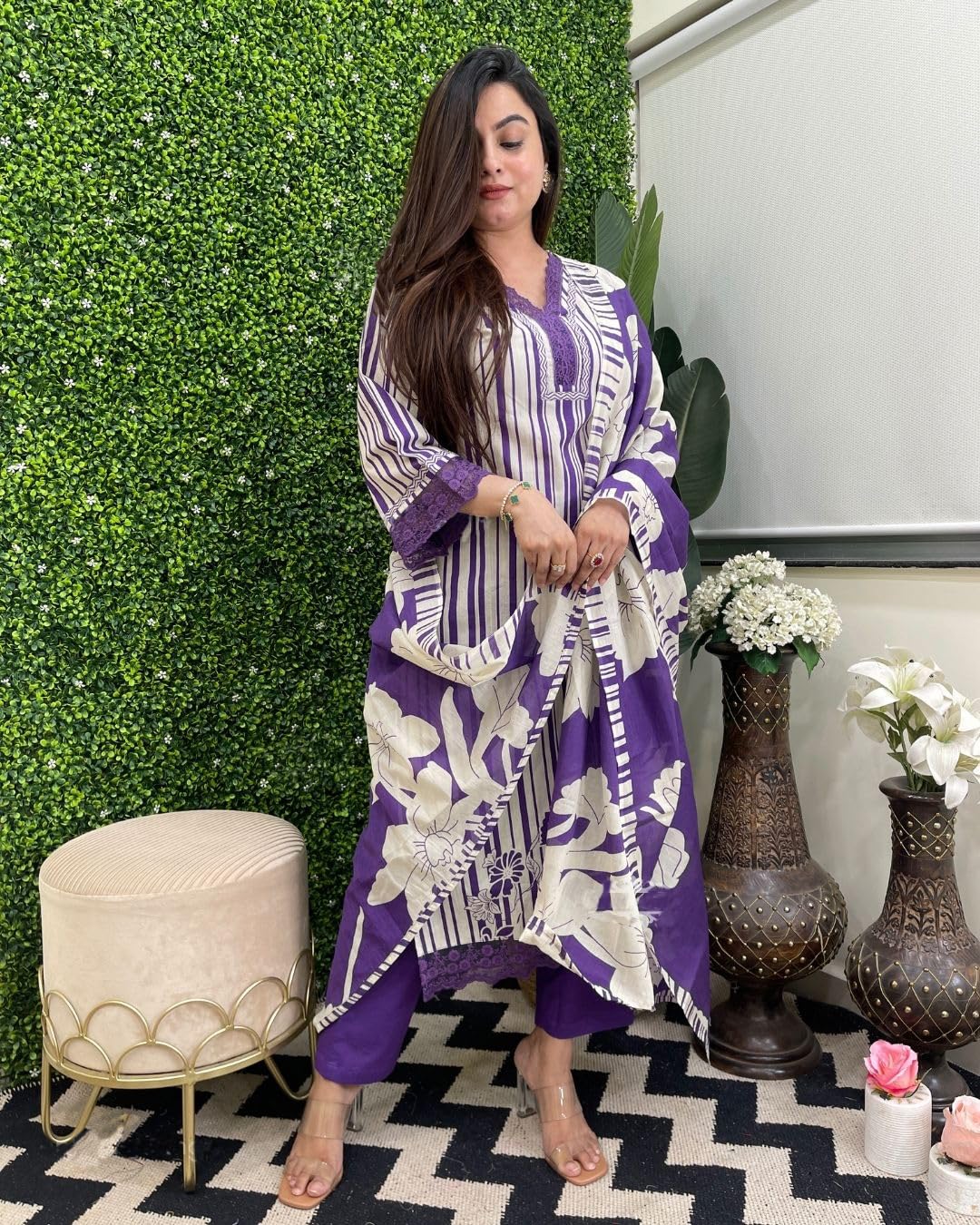 Gosriki Women'S Rayon Blend Straight Printed Kurta With Pant & Dupatta (Exhuma Begani-Gs_S_Begani_Small),Begani,,B0DD76Y8KS